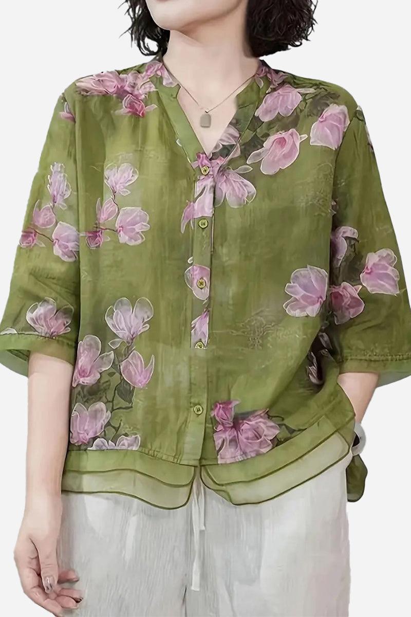 French Boutique Style organza blouse with pink floral print and lightweight breathable fabric