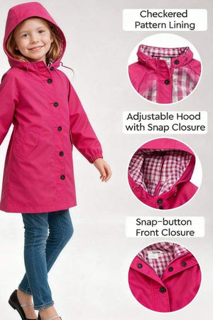Junior water resistant oversized hooded windbreaker rain jacket for kids with checkered lining and snap-button closure