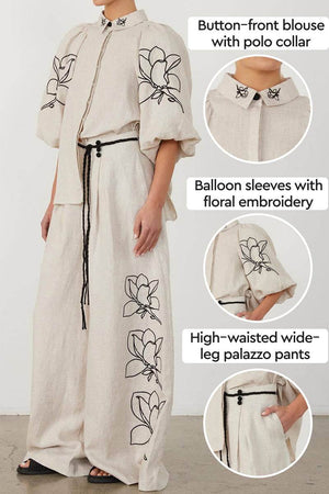 Dolce Vita Cotton Linen set with balloon sleeves, floral embroidery, and wide-leg palazzo pants.