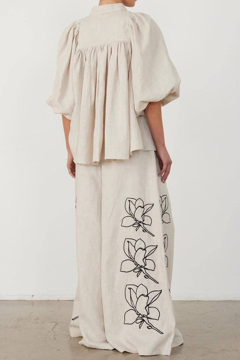 Dolce Vita Cotton Linen floral set with balloon sleeves and wide-leg pants in soft breathable fabric