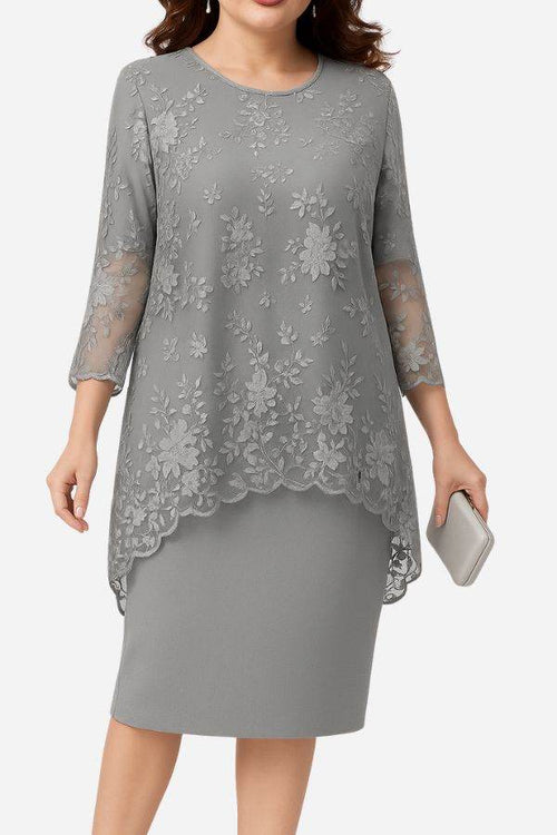 Grey two-piece evening dress with elegant lace details and floral embroidery