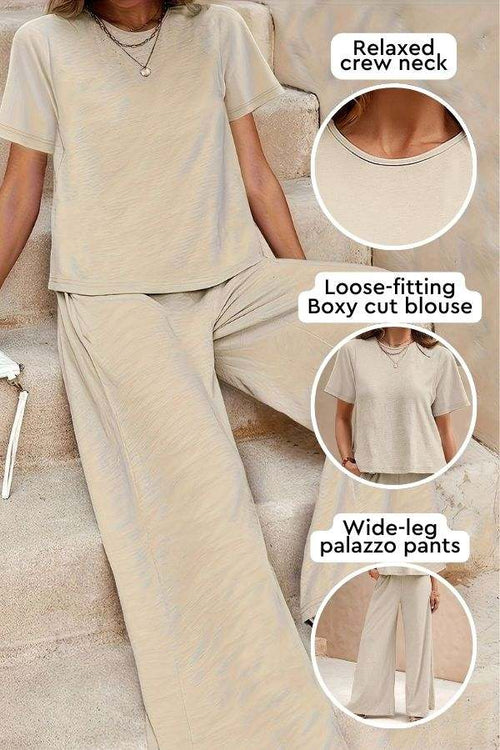Riviera Relaxed Two Piece Set with relaxed crew neck, loose-fitting boxy blouse, and wide-leg palazzo pants in soft beige polyester fabric.