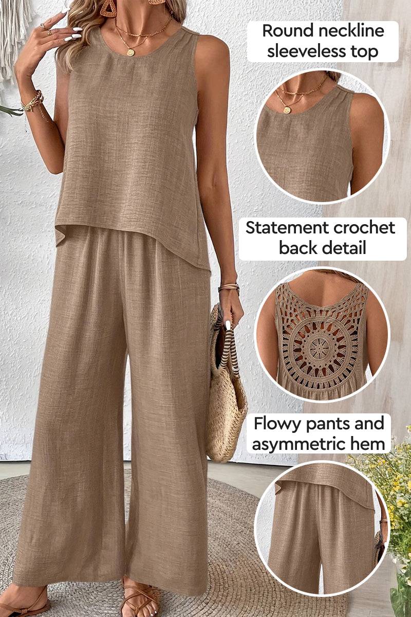 Women’s Dreamcatcher Crochet-Back two-piece set with round neckline sleeveless top and wide-leg palazzo pants in linen-look fabric