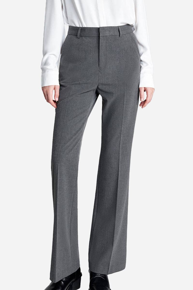Gray professional retro stretch trousers with straight-leg cut and high waist worn with white blouse
