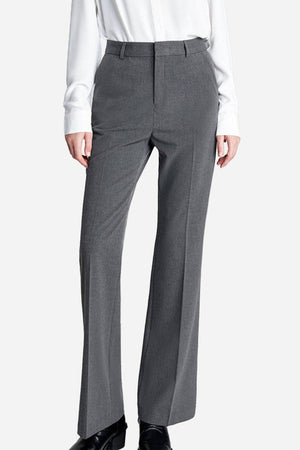 Gray professional retro stretch trousers with straight-leg cut and high waist worn with white blouse
