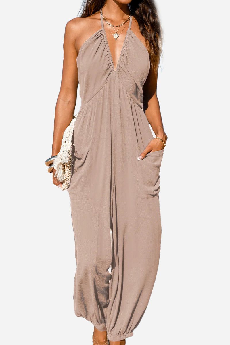 Sunshine On Sand halter-neck jumpsuit with ruching and wide-leg silhouette in beige