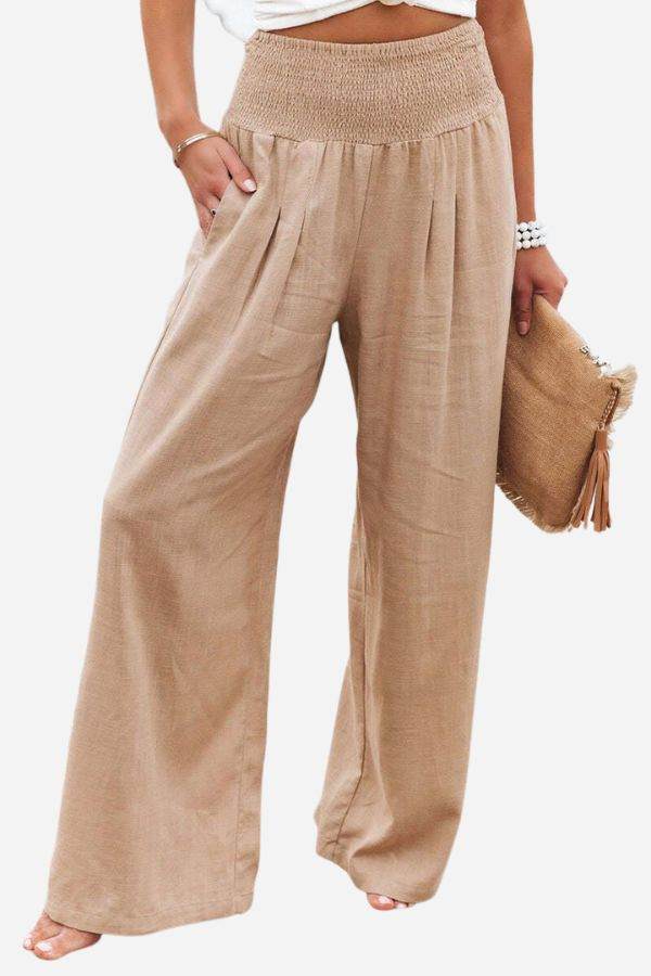 Beige high-waist wide-leg linen-cotton blend pants from Linen Breeze Set, breathable and soft summer wear.
