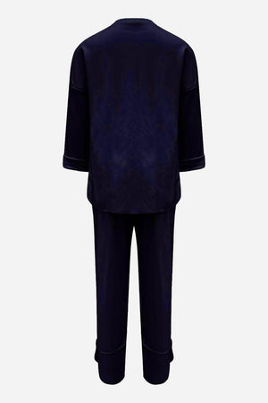 Back view of MILANO Comfort & Confidence navy two-piece set with sweatshirt and jogger pants in wrinkle-resistant polyester.