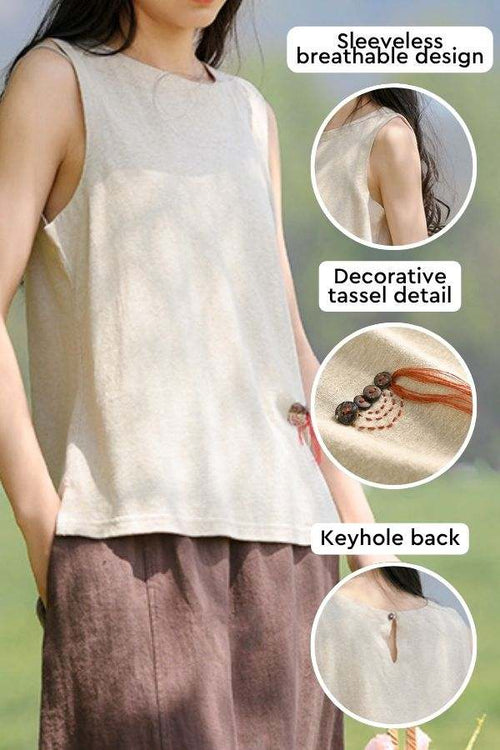 Dandelion Fields Cotton Linen sleeveless breathable top with tassel detail and keyhole back in natural soft fabric