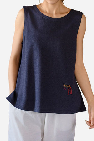 Dandelion Fields Cotton Linen sleeveless navy top with embroidered detail