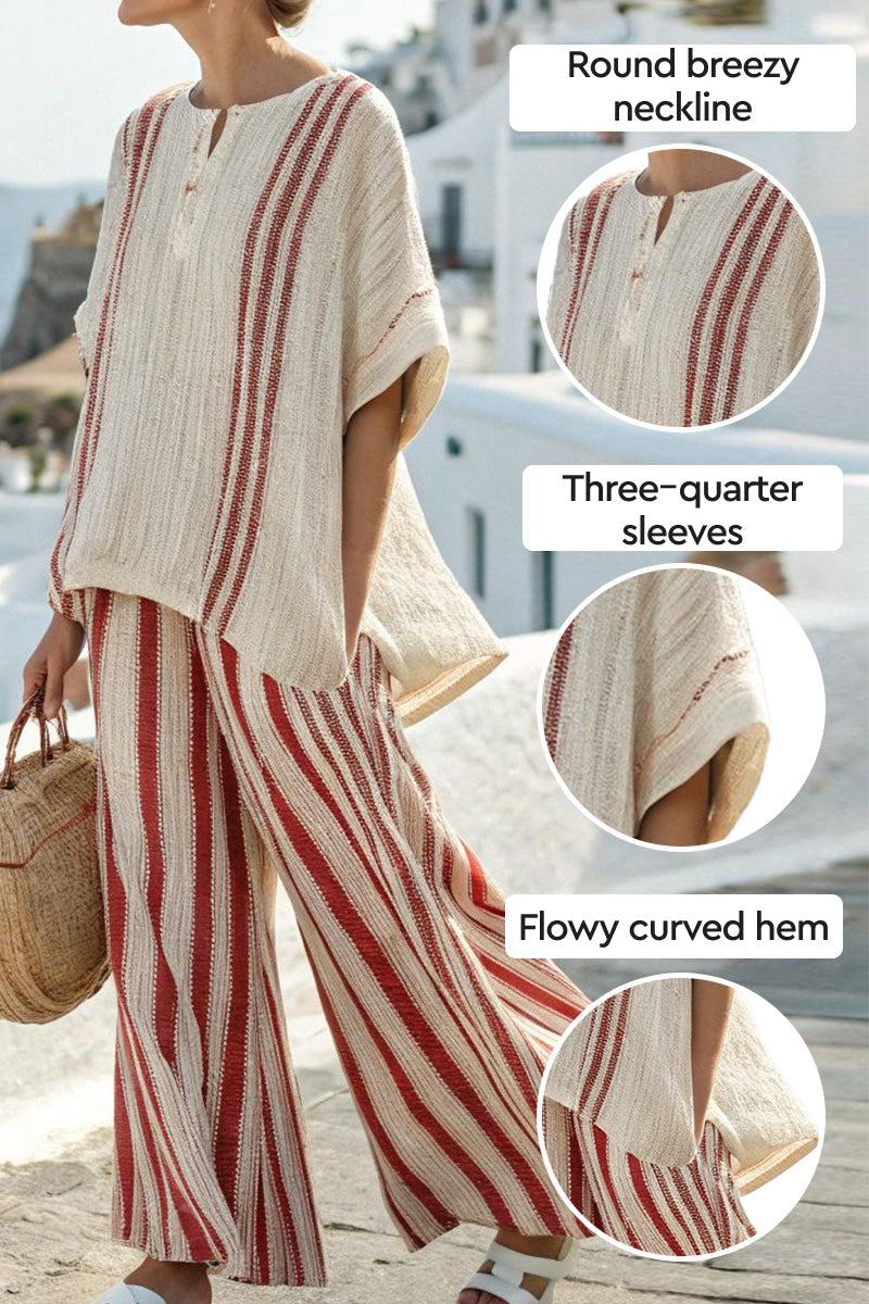 Santorini Sunset Striped two-piece set with round neckline, three-quarter sleeves, and flowy curved hem in soft textured fabric