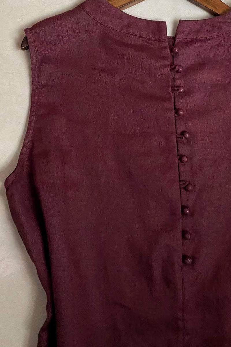 Sunrise Market 100 Linen Midi Dress sleeveless burgundy linen dress with button back detail