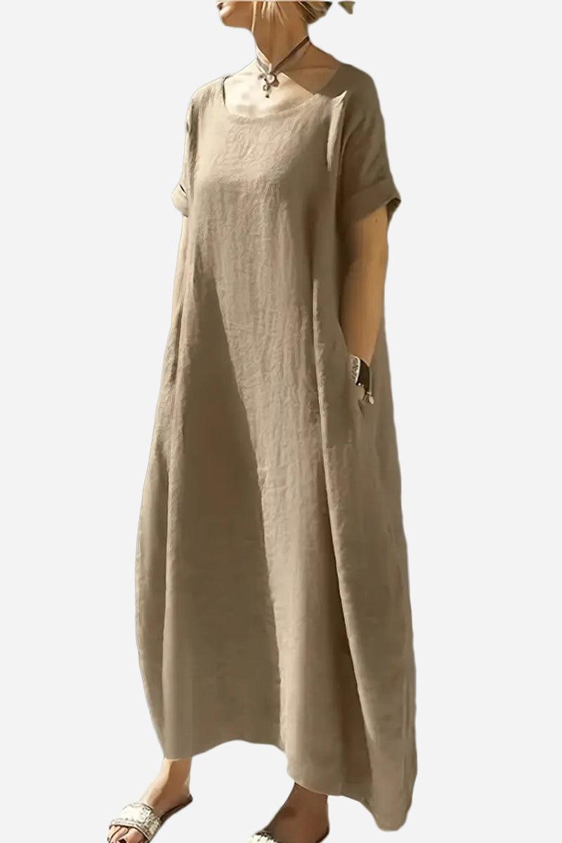 Beige Breeze Cocoon Dress with rolled sleeves and deep pockets in relaxed linen-like fabric