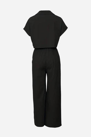 black two-piece big pocket cargo set with cropped top and wide-leg pants