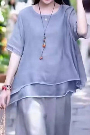 Loose-fit Provence cotton linen blend layered top and wide-leg trousers set for breathable, comfortable summer wear