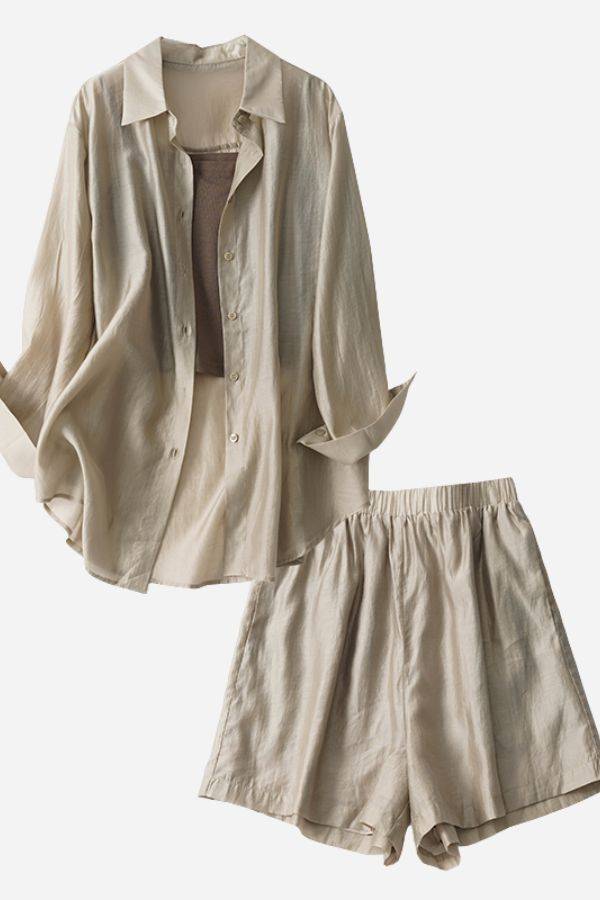 Soft Mornings wrinkle-free beige shirt and shorts set with inner tank top, breathable soft polyester fabric, casual and versatile summer outfit