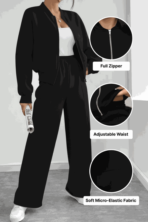 The Voyager Zip Set black two-piece zip-front sweatshirt and wide-leg joggers with adjustable waist and soft micro-elastic fabric for comfortable travel and casual style