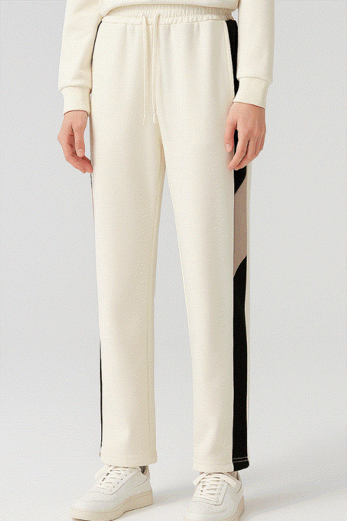 Comfort in Motion white athleisure tracksuit pants with black side stripes and elastic waist