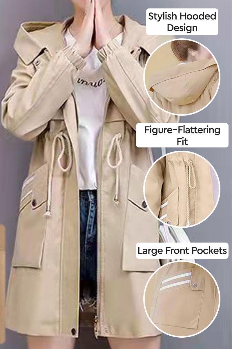 Cityscape Comfort Hooded Windbreaker beige mid-length jacket with plush lining, hood, drawstring waist, and large front pockets for stylish cold-weather wear.