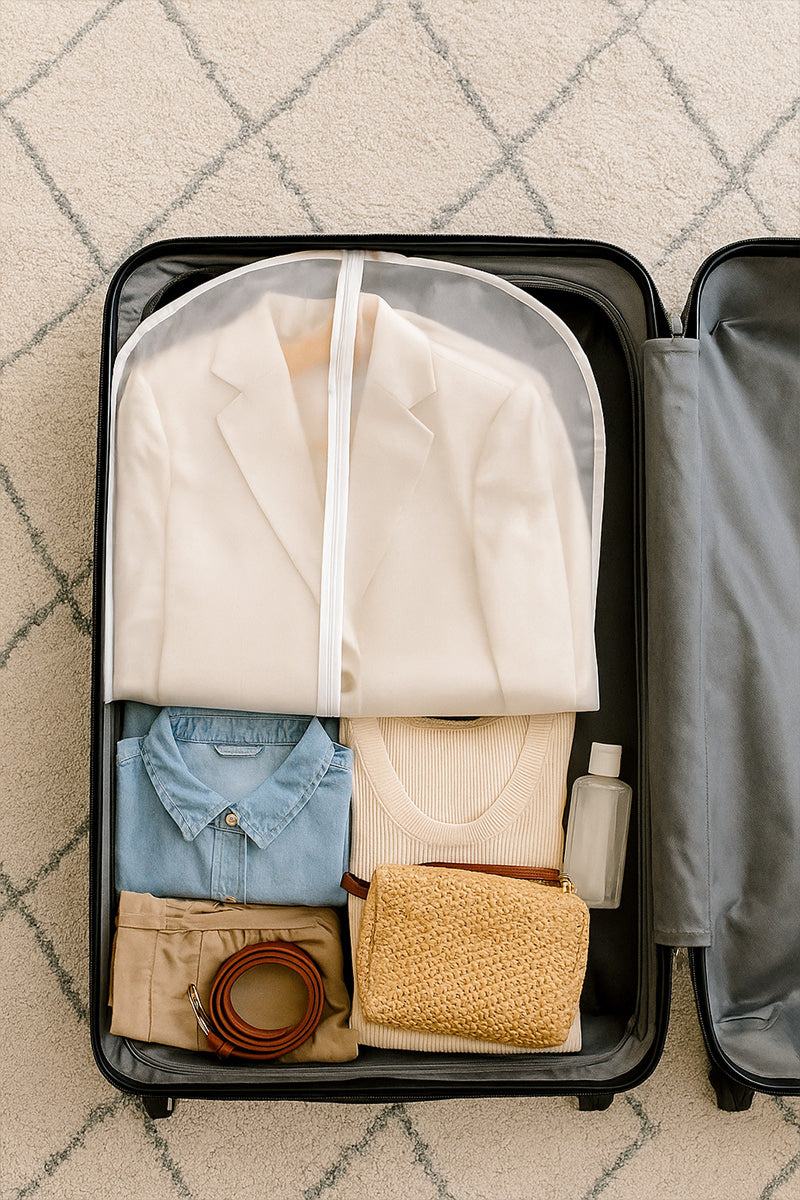 Waterproof dustproof clothing cover protecting a white blazer inside a suitcase with neatly packed clothes and accessories