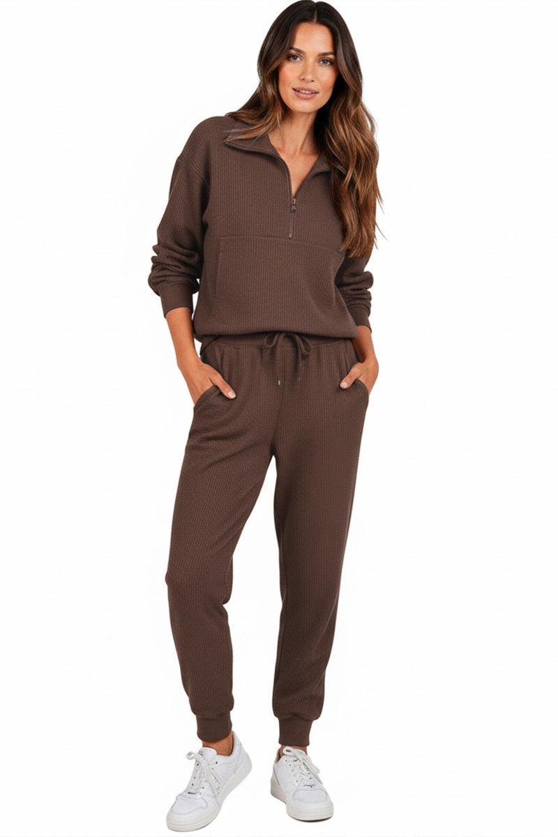 Unisex half-zip pullover and sweatpants set in brown polyester blend, comfortable and casual activewear for men and women
