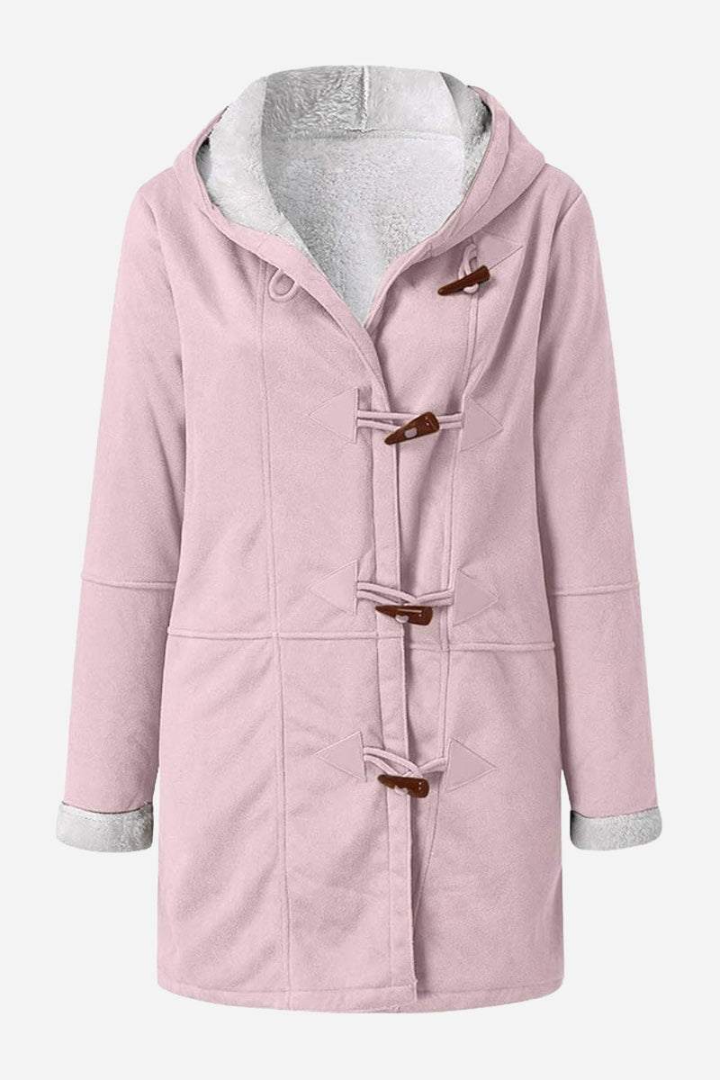 Warm pink toggle button hooded coat with sherpa lining and faux suede exterior
