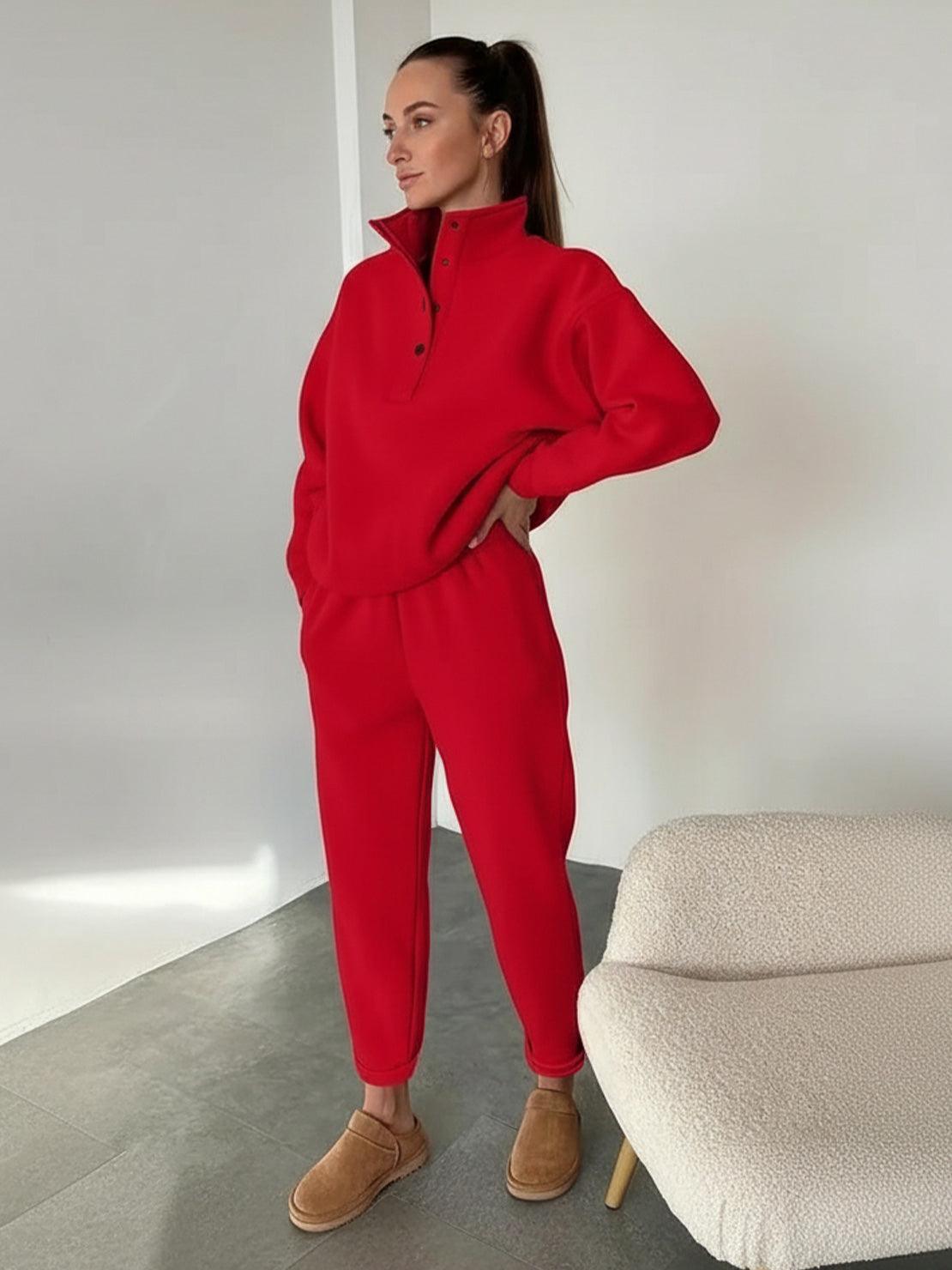 Woman wearing a red Warm & Easy Two-Piece Set with a pullover hoodie and matching pants in a relaxed fit.