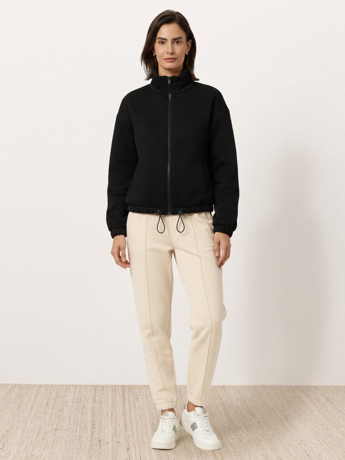 Textured cropped baseball jacket with full-zip, stand collar, elastic cuffs and waistband, perfect casual layering piece