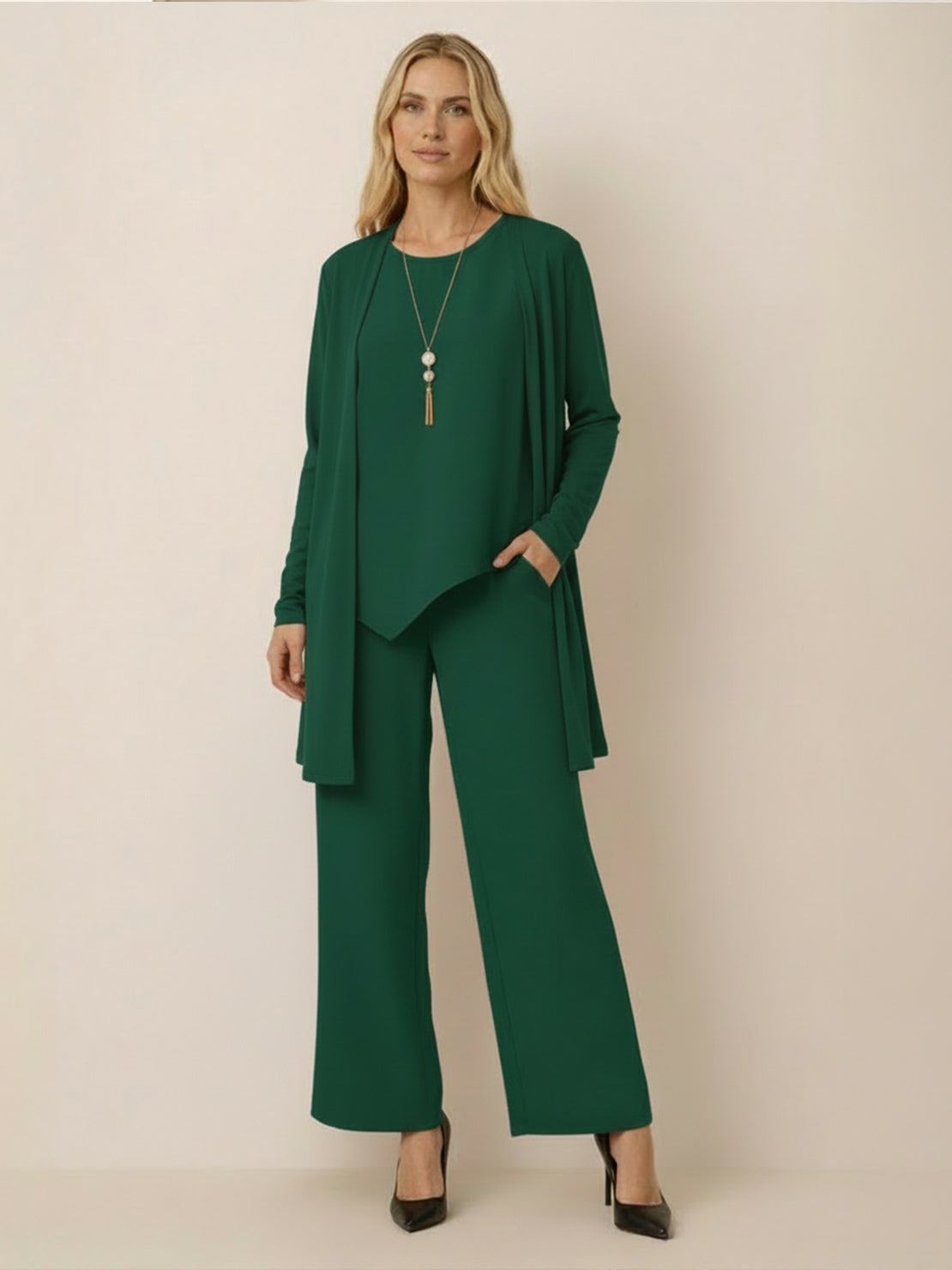 Open-front three-piece co-ord with longline cardigan, tank top, and wide-leg trousers in lightweight knit fabric