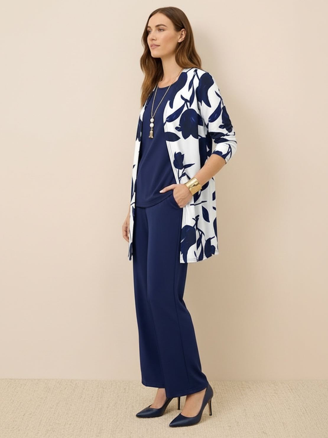 Open-front three-piece co-ord with longline cardigan, wide-leg trousers, and tank top in lightweight knit fabric