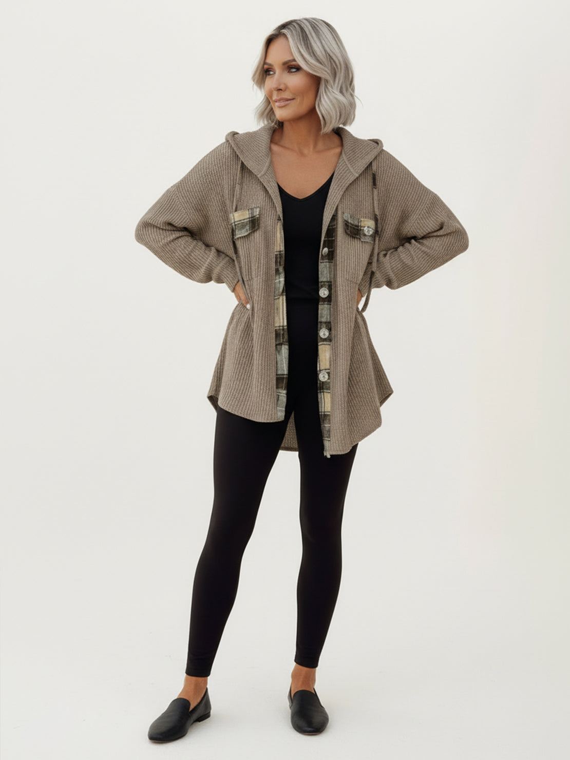 CloudKnit Oversized Hooded Shacket with waffle knit texture and button-front closure