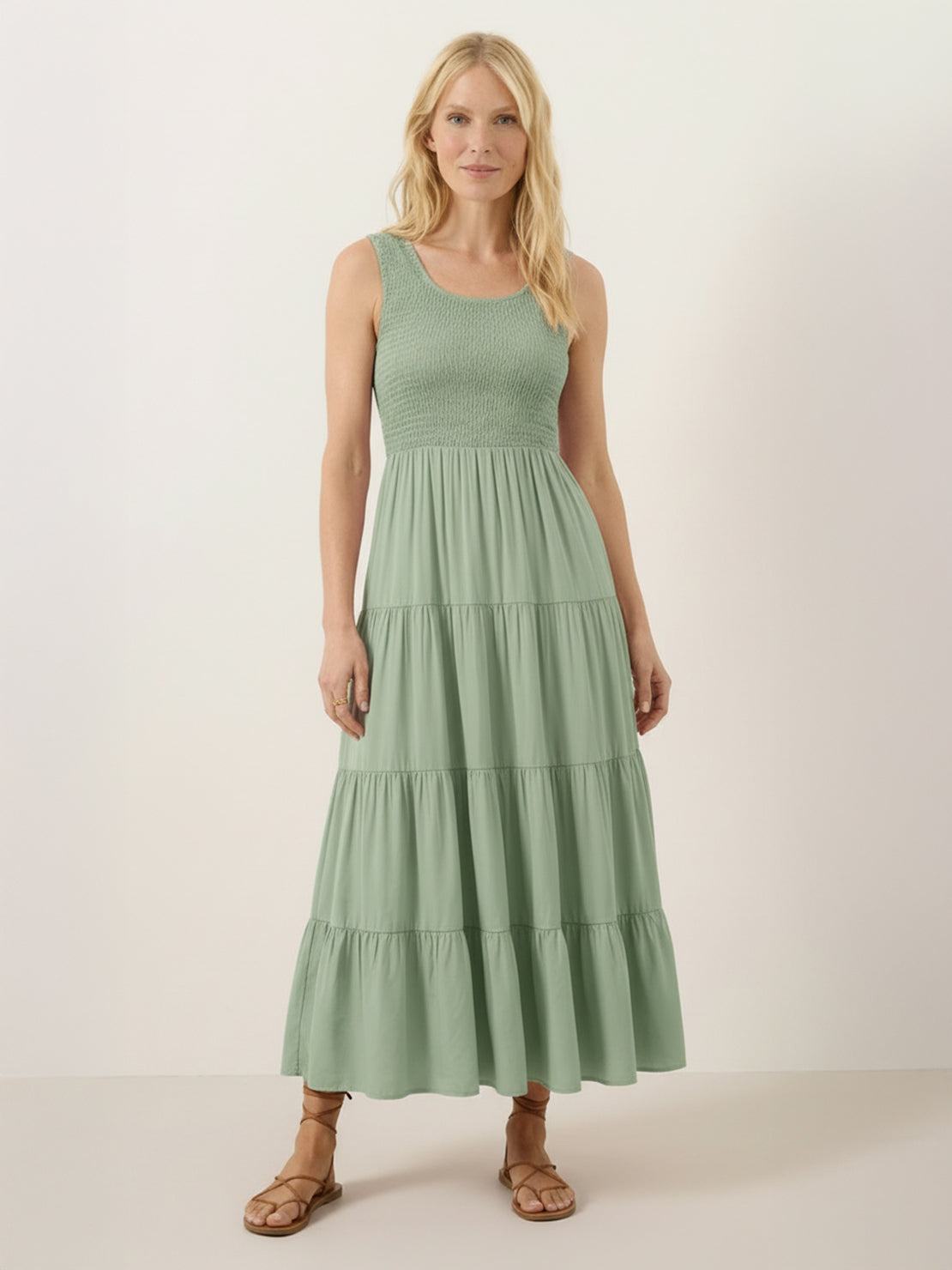 Smocked sleeveless maxi dress with tiered skirt and scoop neckline in lightweight fabric