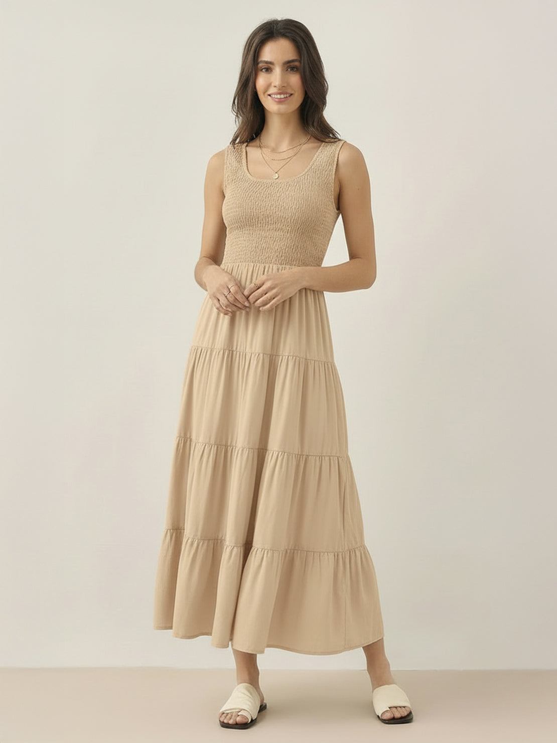 Smocked sleeveless maxi dress with tiered skirt and scoop neckline in lightweight fabric
