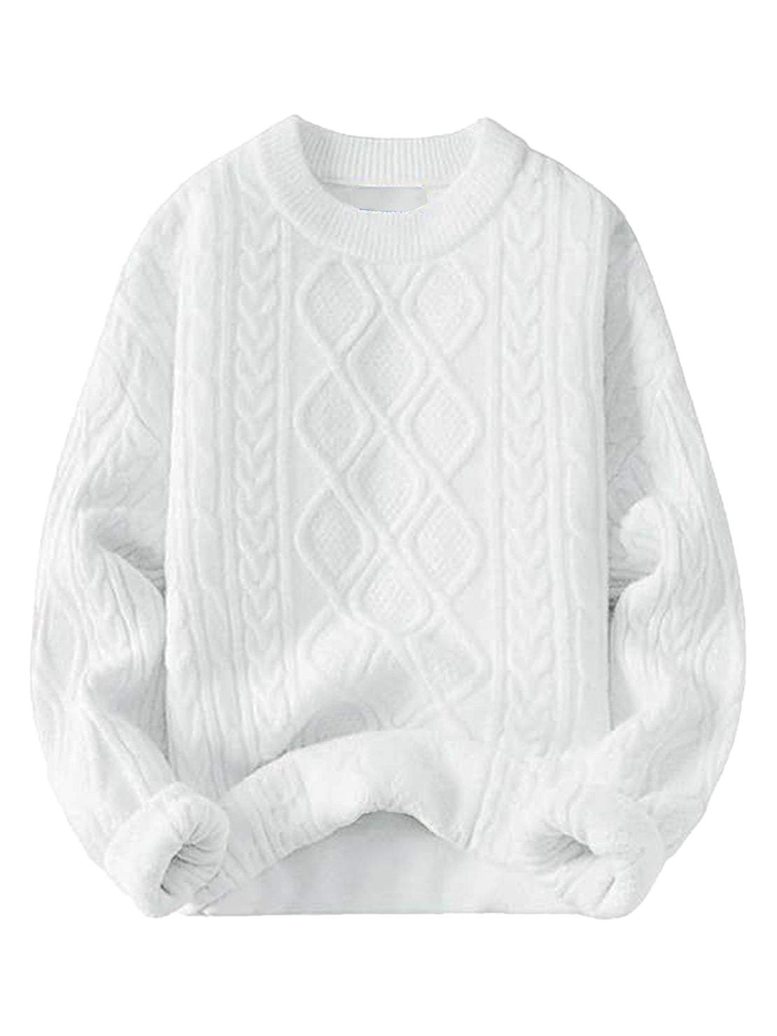 Oversized cable-knit crewneck sweater with dropped shoulders and ribbed trim