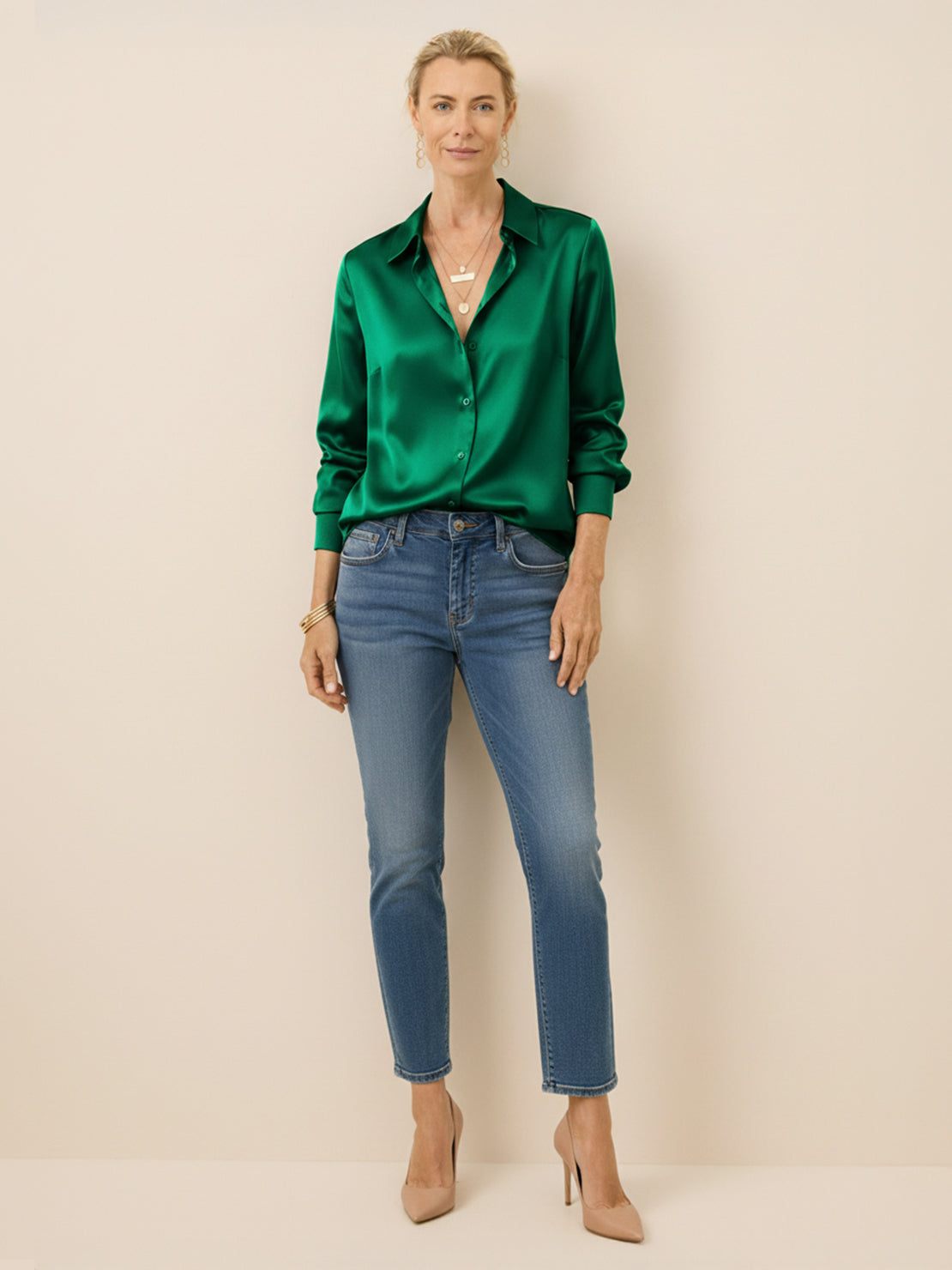 silk-finish button front shirt with relaxed fit and traditional collar