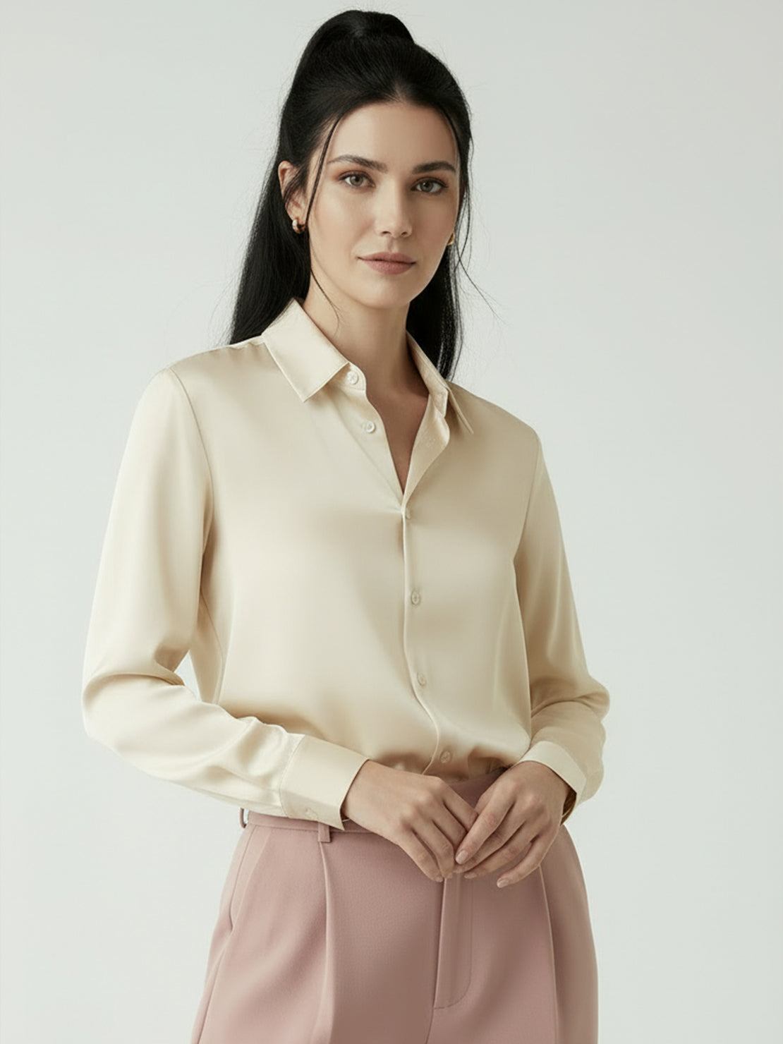Silk-finish button front shirt with traditional collar and relaxed fit