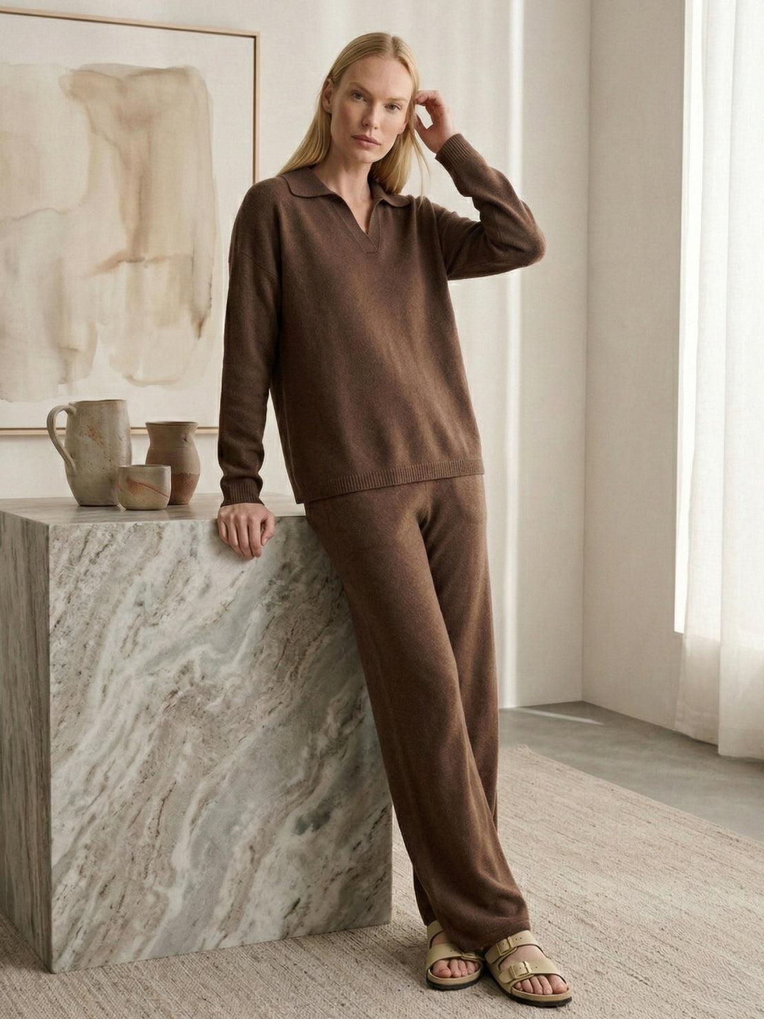 Oversized polo knit loungewear set with soft V-neck collar and straight-leg pants in lightweight knit fabric