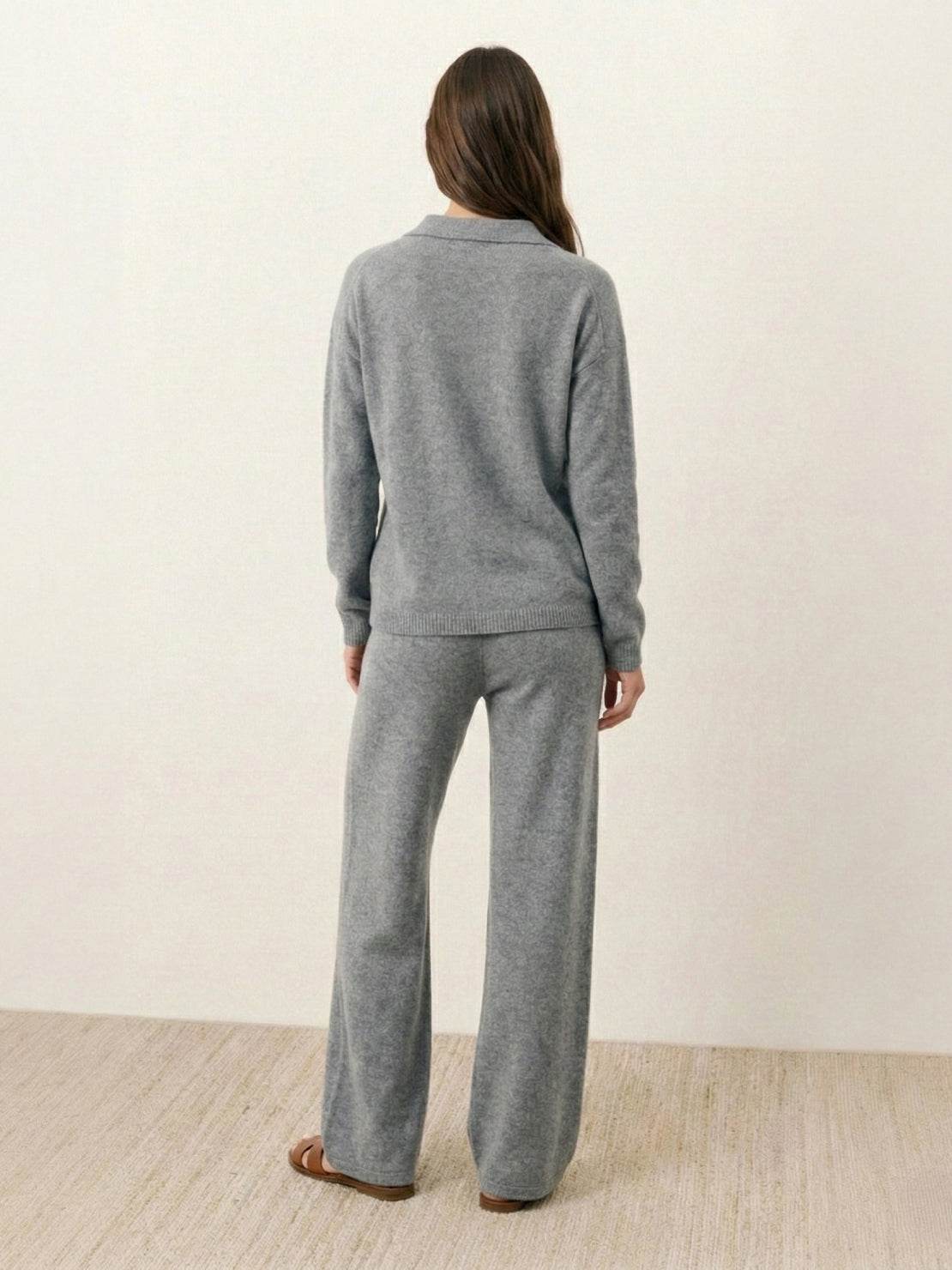 Oversized polo knit loungewear set with soft collar and straight-leg pants in light knit fabric