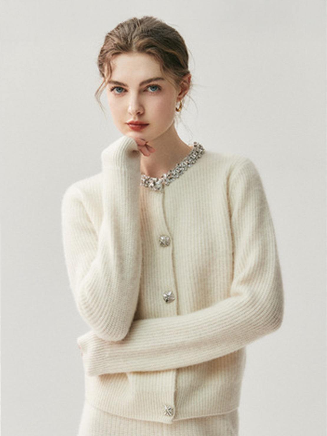 100% Alashan cashmere diamond-collar cardigan with crystal buttons and fine-gauge ribbed knit