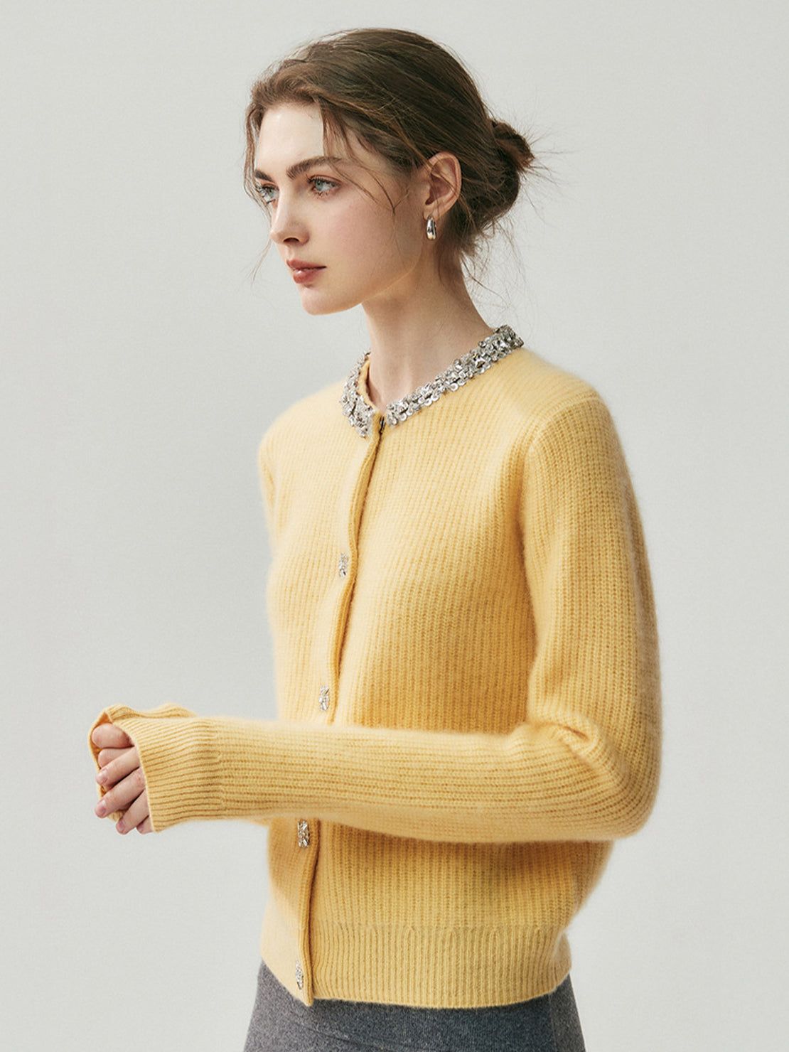 100% Alashan cashmere ribbed knit cardigan with crystal collar and buttons