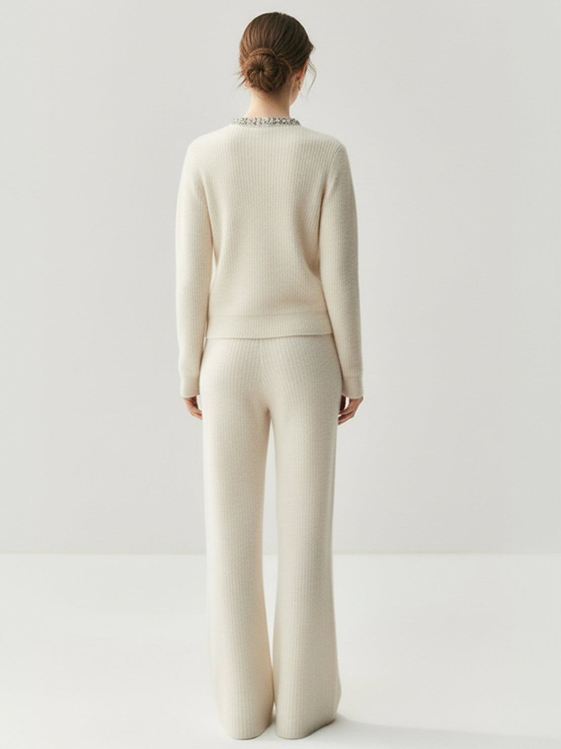 100% Alashan cashmere diamond-collar cardigan with crystal buttons and fine-gauge ribbed knit