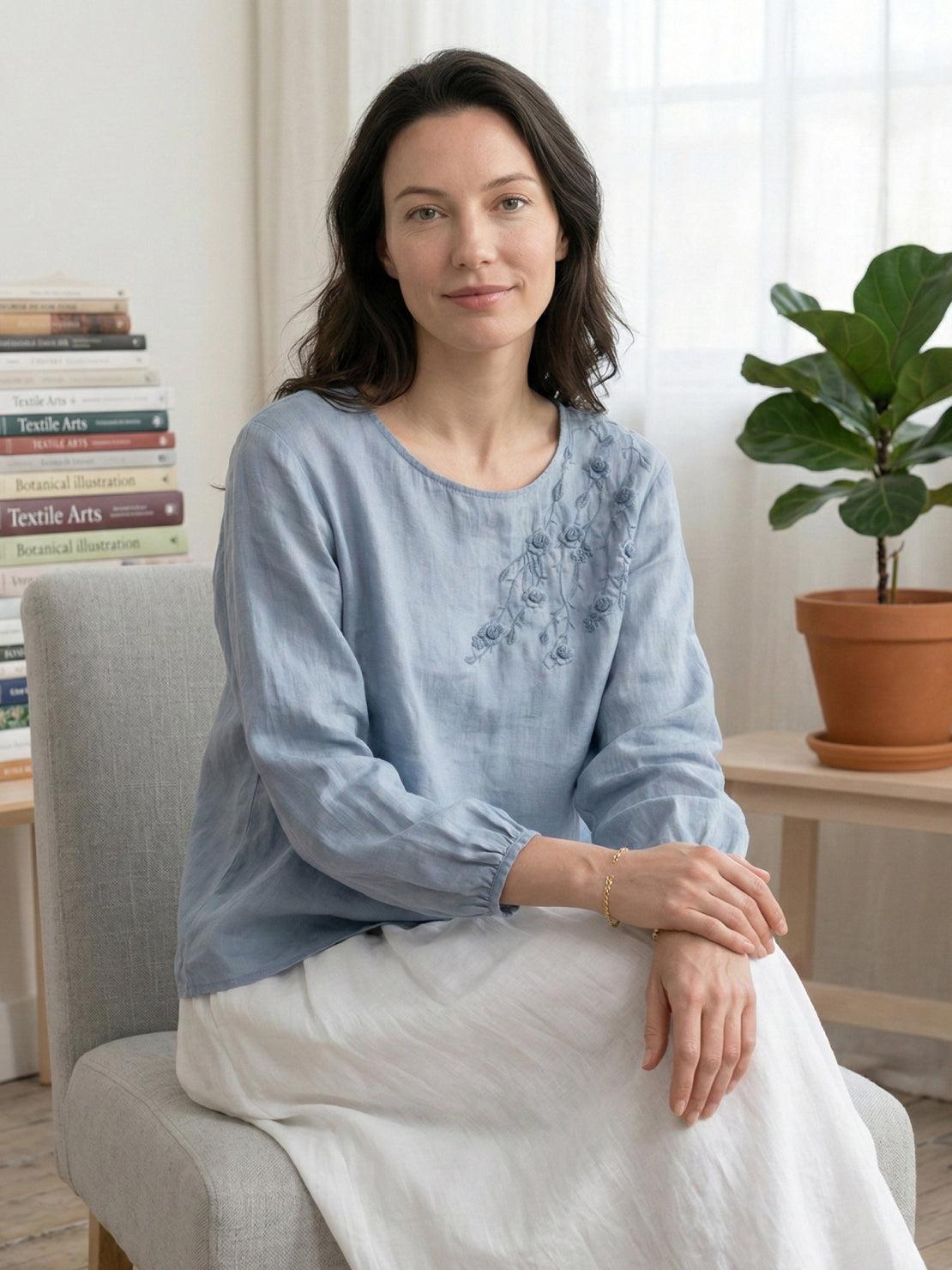 Cotton-linen embroidered blouse with 3/4 balloon sleeves and subtle tonal floral detail