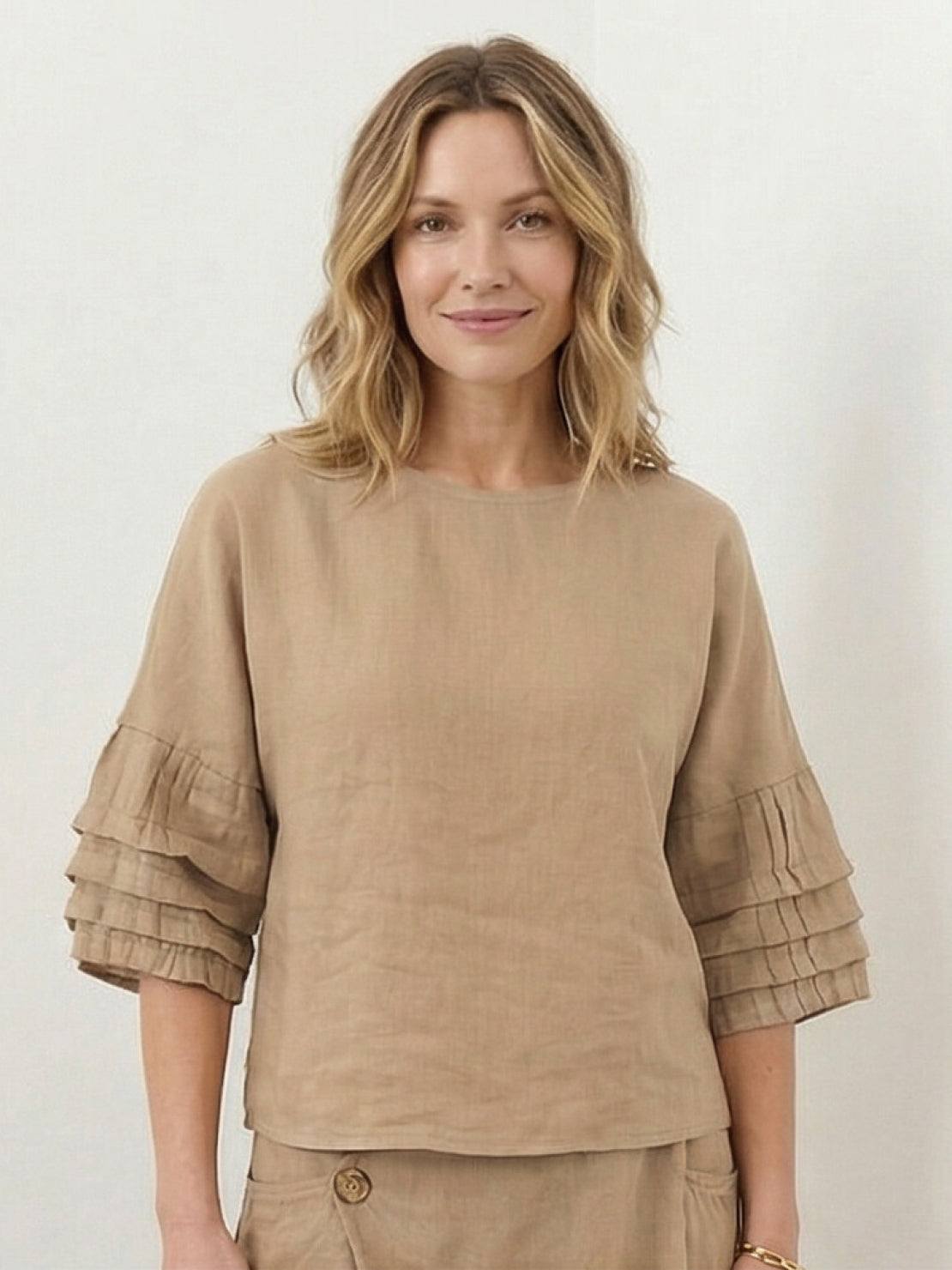 100% cotton two-piece wrap skirt set with crinkle texture, A-line maxi skirt, and hip-length top