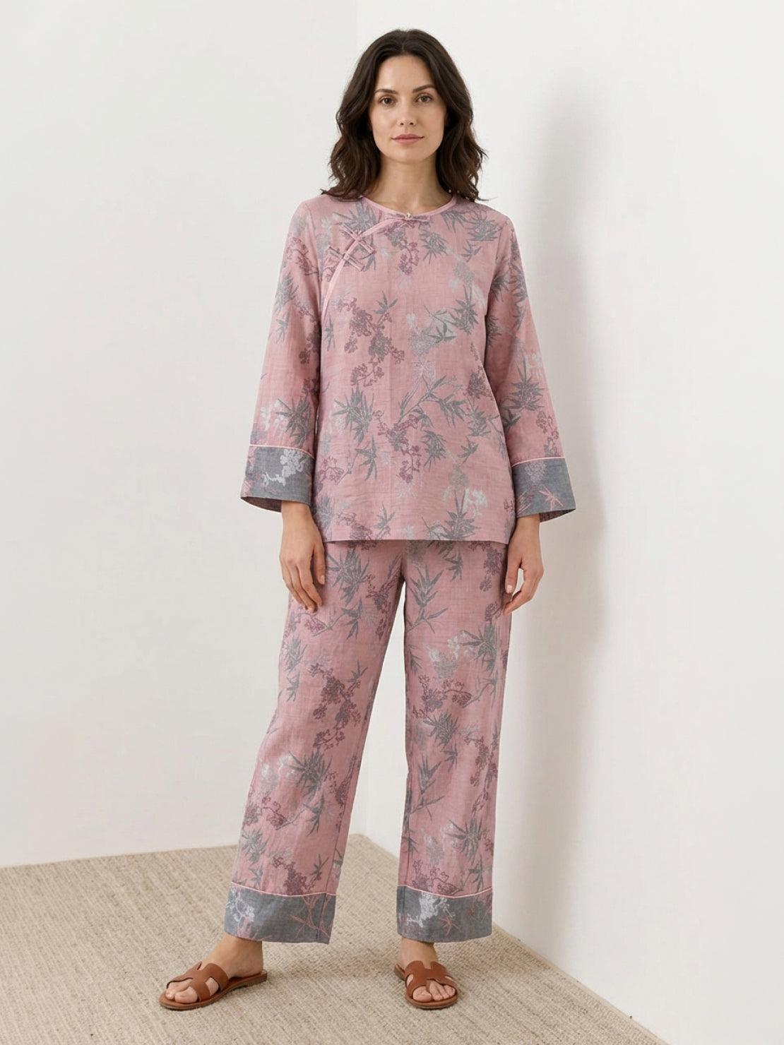 100% cotton Chinese Pankou pajamas set with tunic top and wide-leg pants featuring frog knot closures and contrast piping