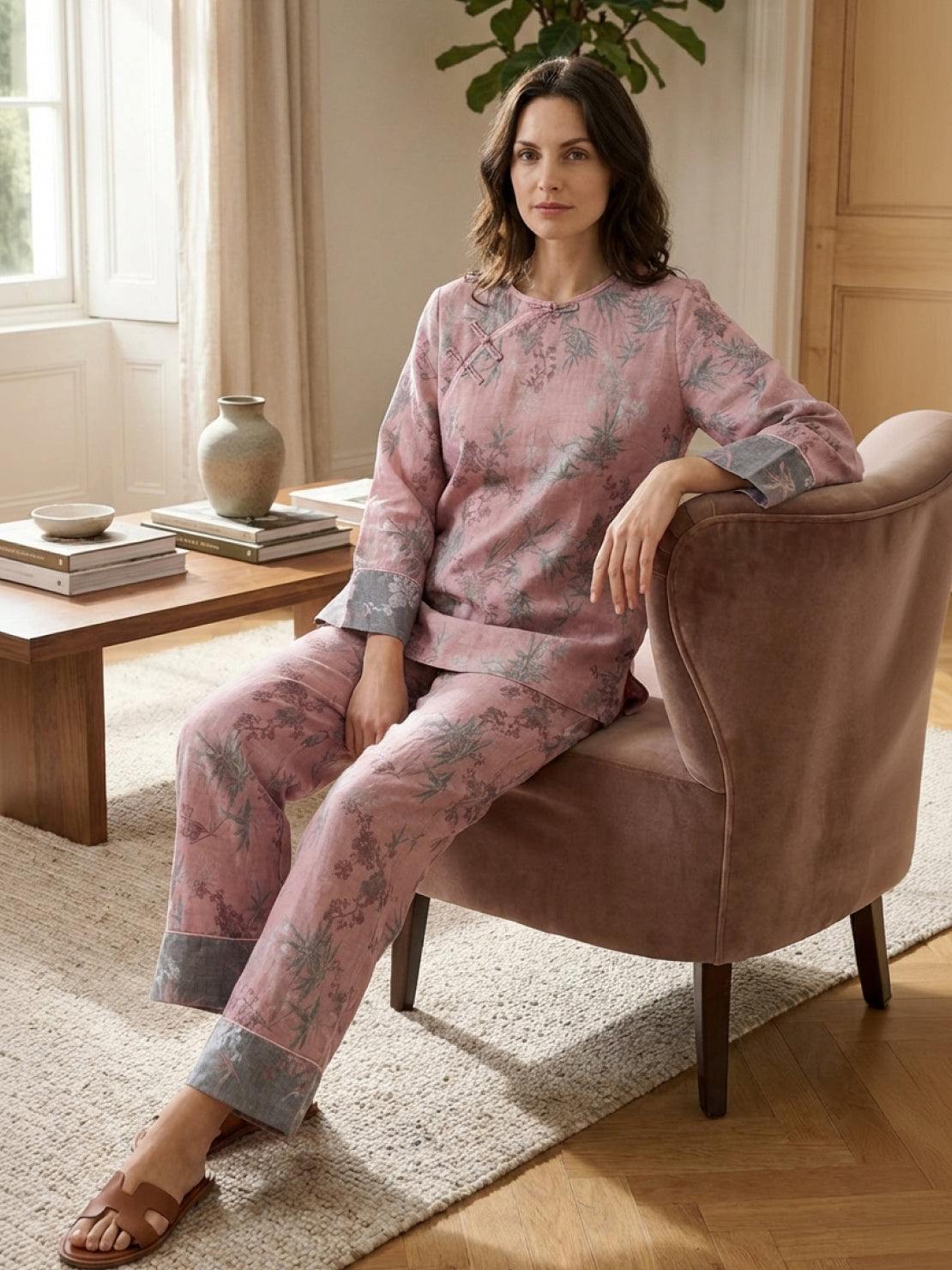 100% cotton Chinese Pankou pajamas set with tunic top and wide-leg pants featuring frog closures and contrast piping