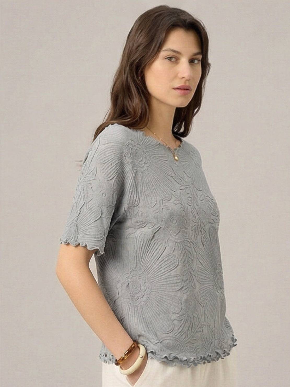 Women's Floral Jacquard Pleated Top with flutter sleeves and 3D floral texture