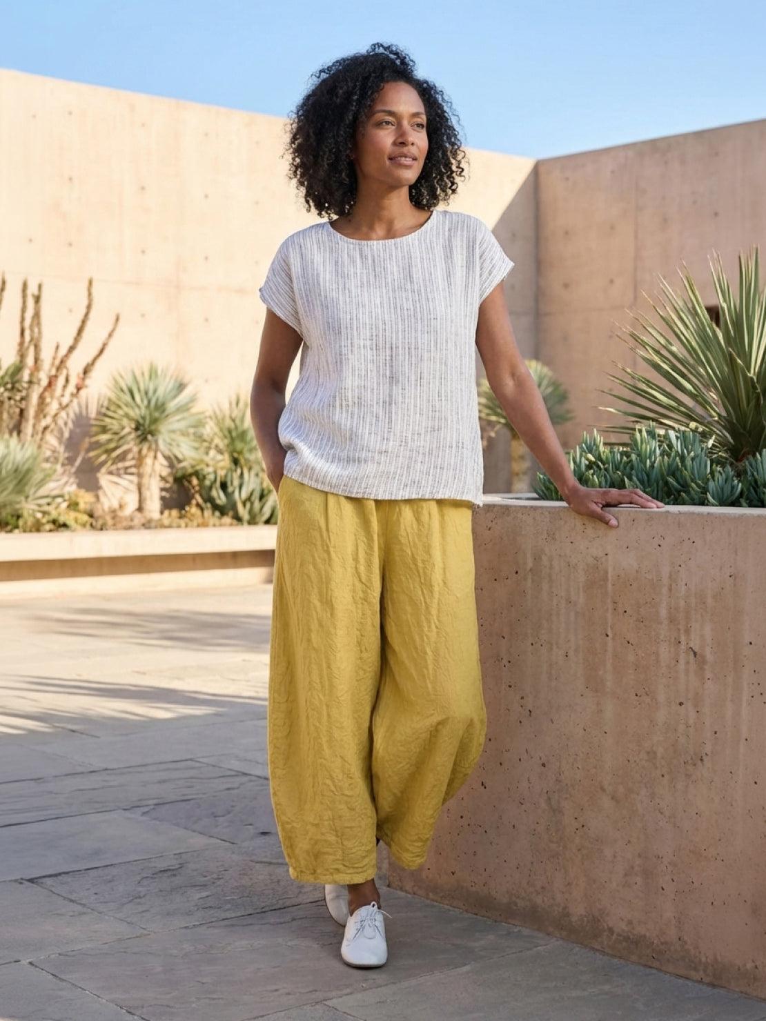 Lightweight 100% linen harem balloon pants with elastic drawstring waistband and side pockets