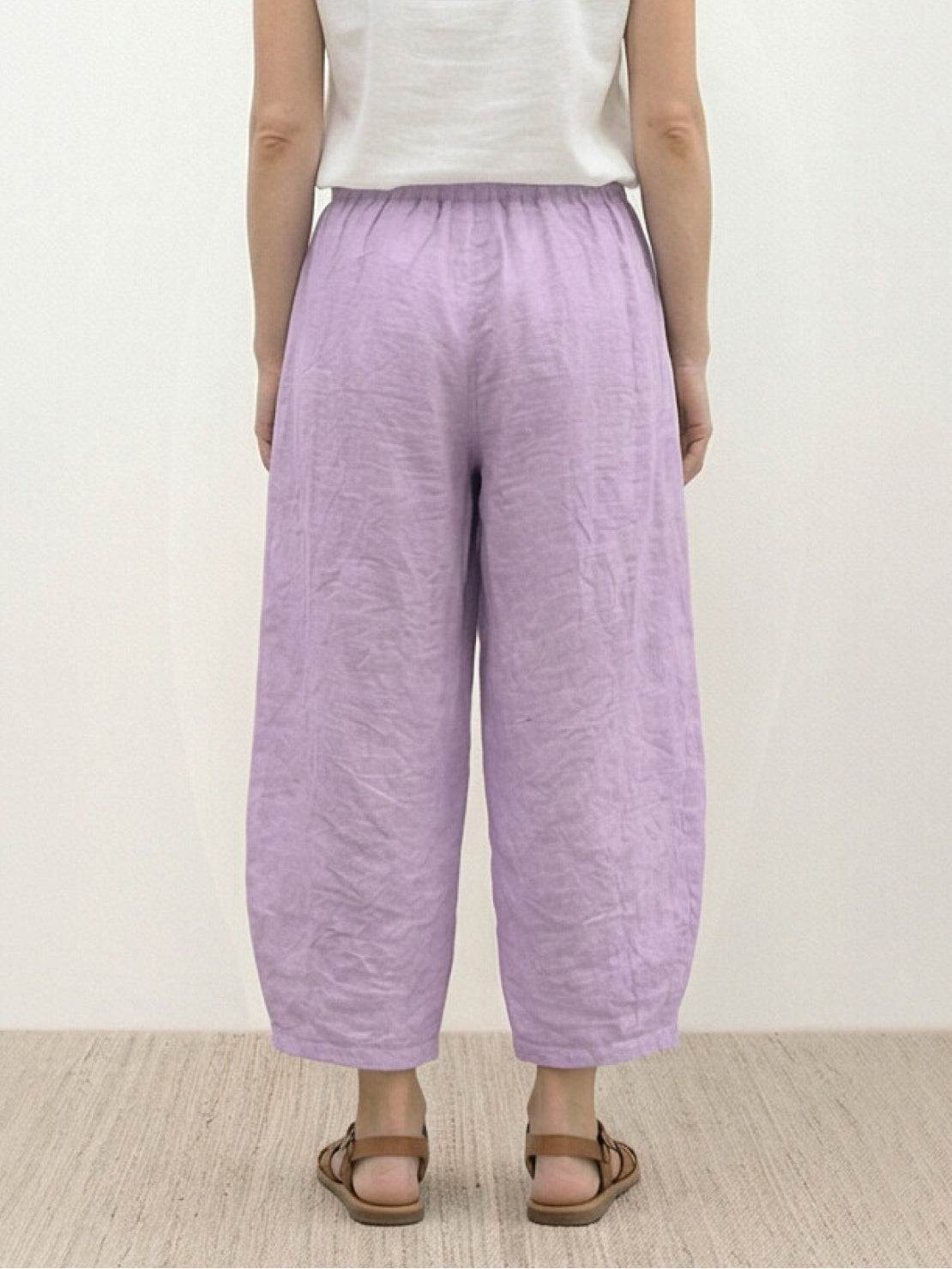100% linen harem balloon pants with elastic drawstring waistband and side pockets in natural linen texture