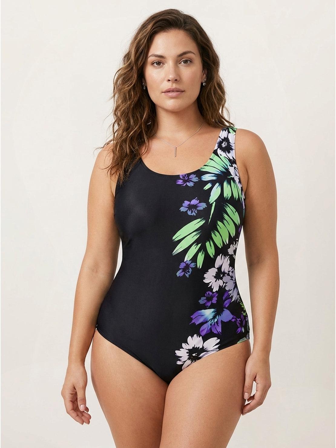 Curve-Fit Open-Back Swimsuit with scoop front, deep V back, adjustable straps, and diagonal back panels in stretchy fabric