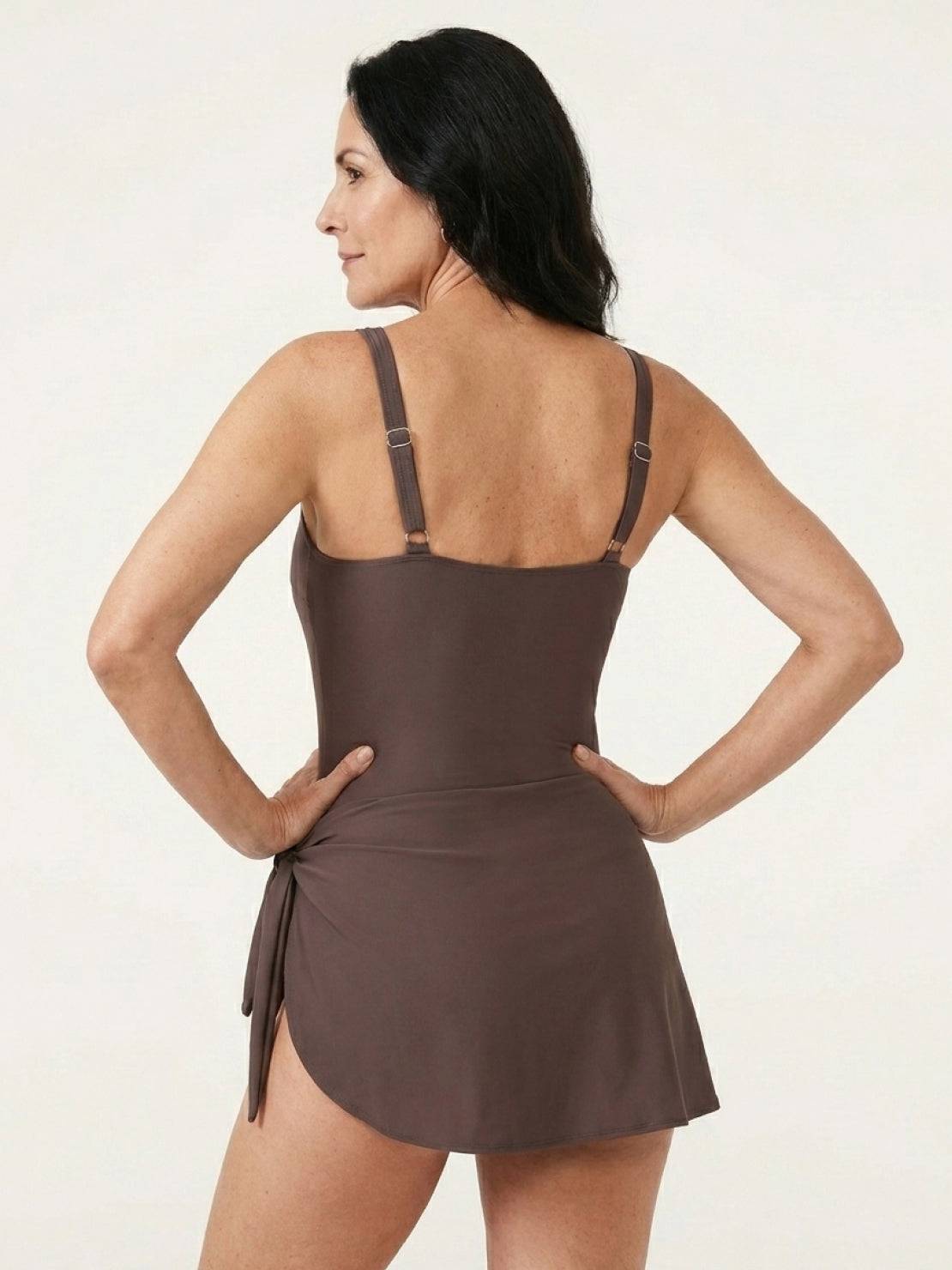 Ruched wrap one-piece swimdress with adjustable straps and tie-front skirt in matte fabric